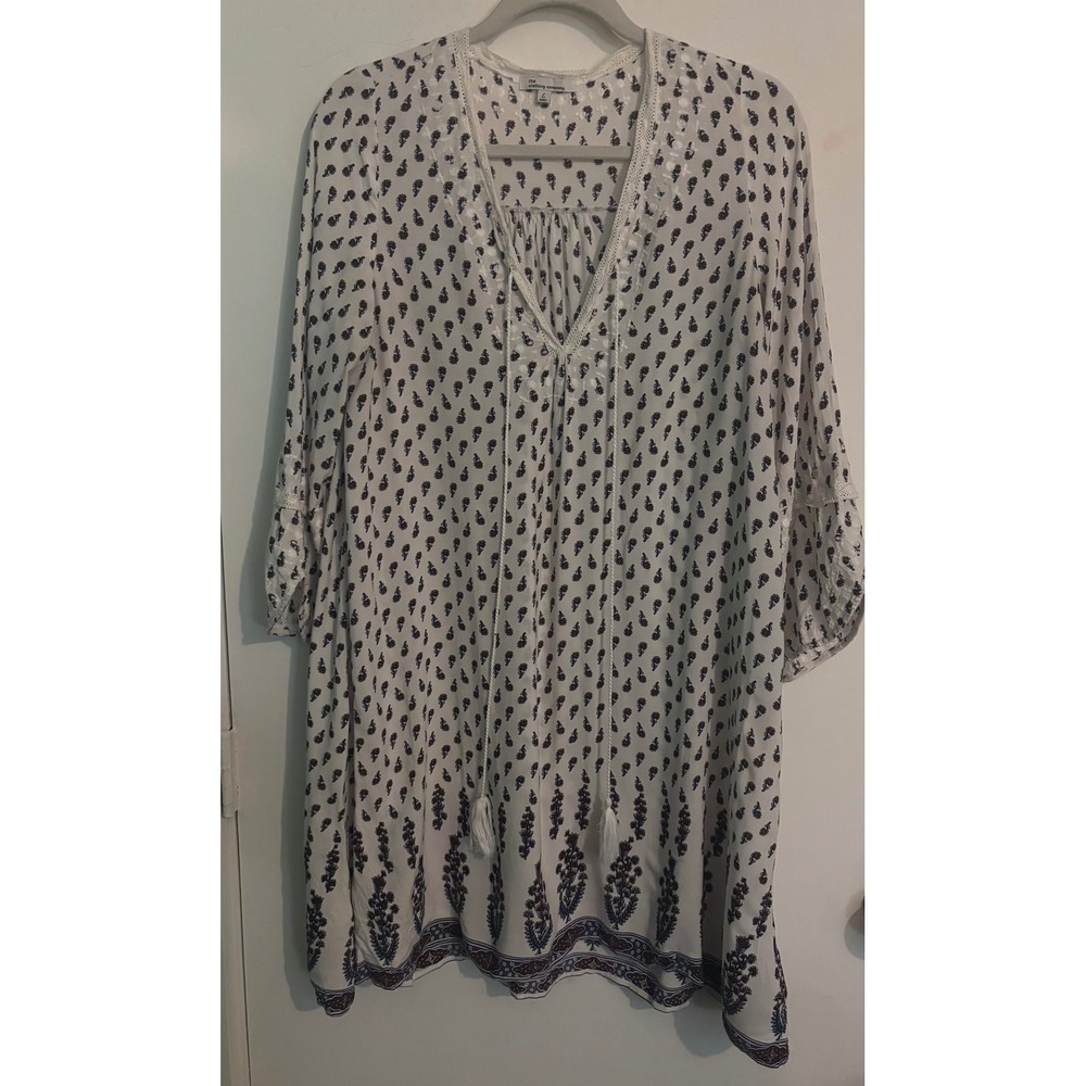 The Clothing Company Womens Bohemian Mini Dress Sz Large White Blue V-Neck Flowy